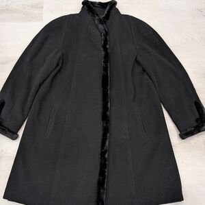 Vintage Jones New York Cashmere Merino Wool Women's Black Coat Faux Fur Trim Sz8